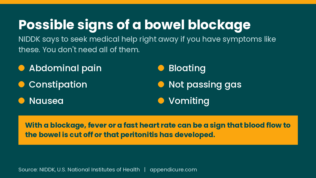 Possible signs of a bowel blockage after CRS/HIPEC: abdominal pain, bloating, constipation, not passing gas, nausea, and vomiting, with fever or a fast heart rate as signs of cut-off blood flow or peritonitis